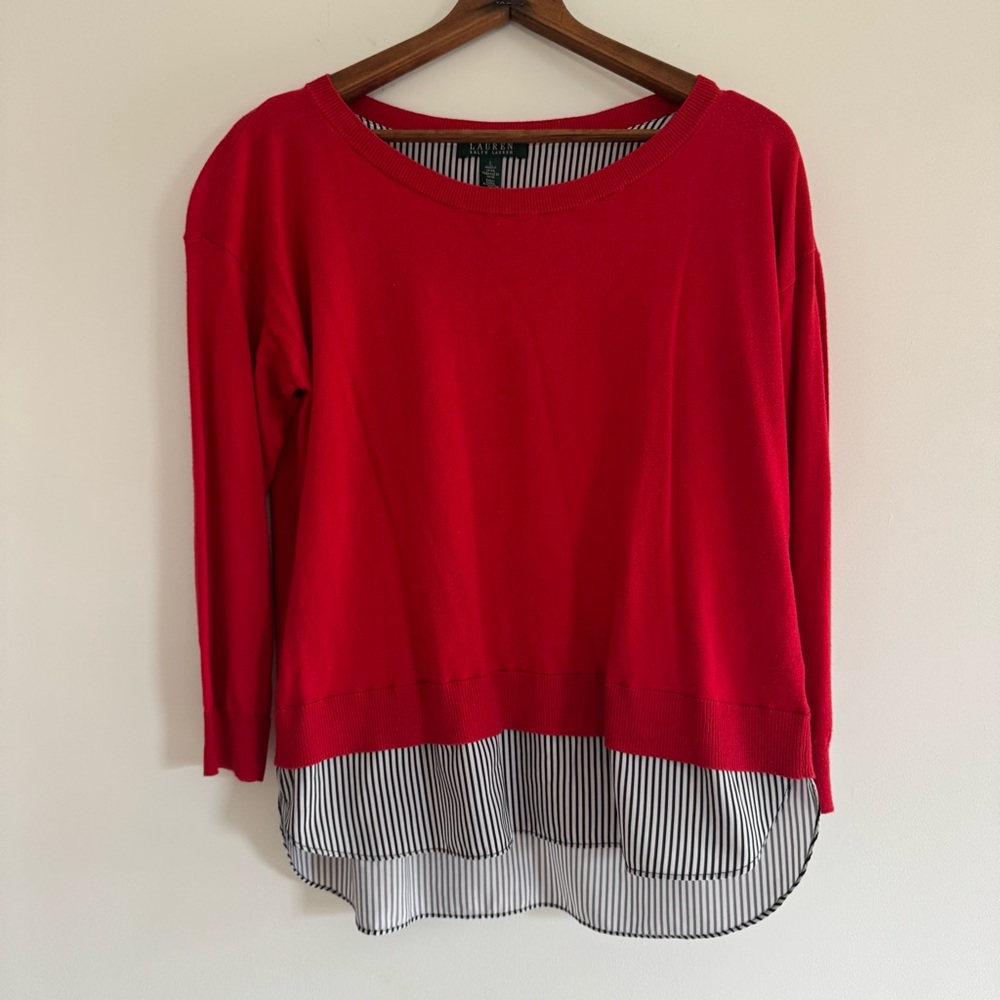 Lauren Ralph Lauren Red Crew Neck Mixed Media Sweater Size Large